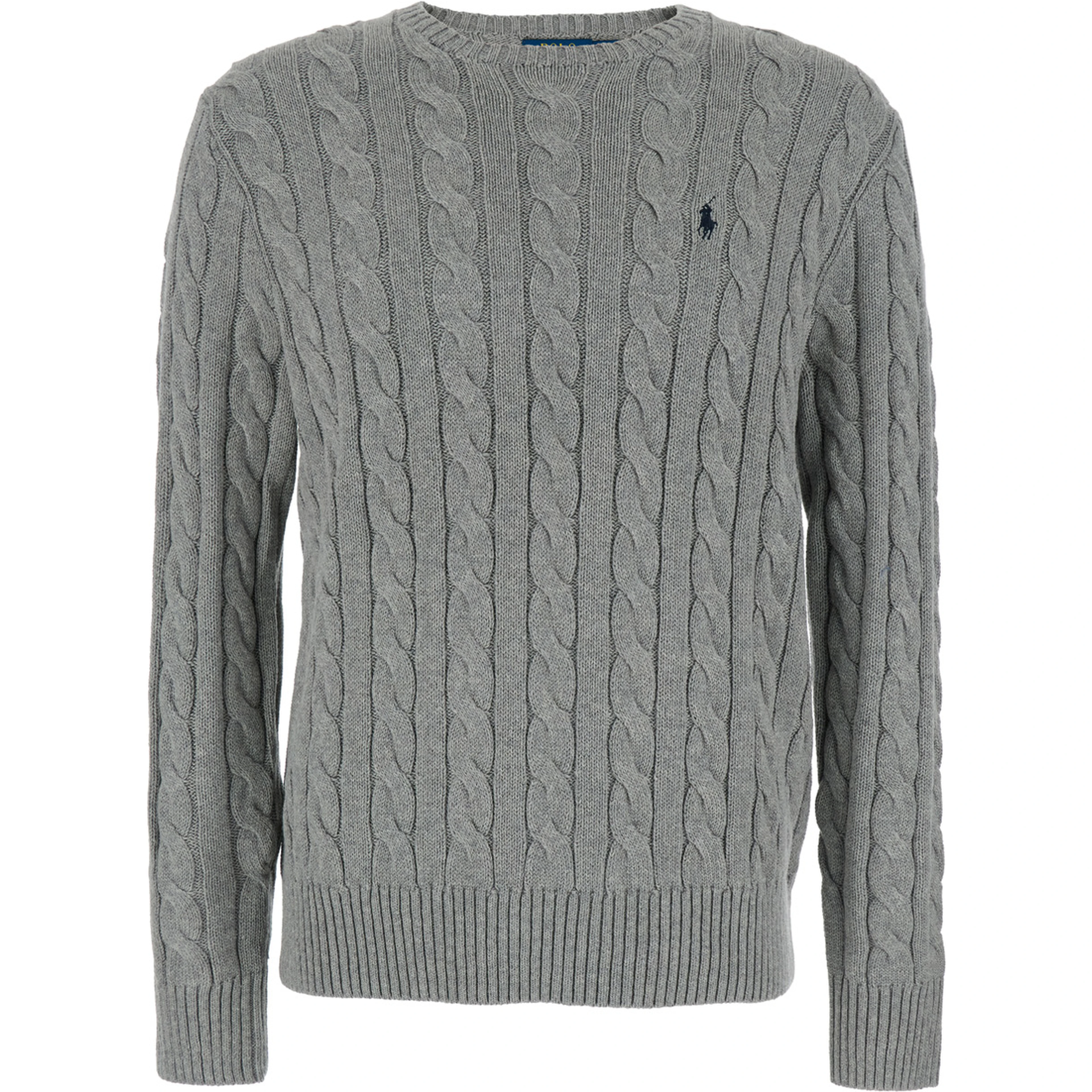 Crewneck Sweater with Pony Embroidery on the Front and Cable Knit in Grey Cotton for Men