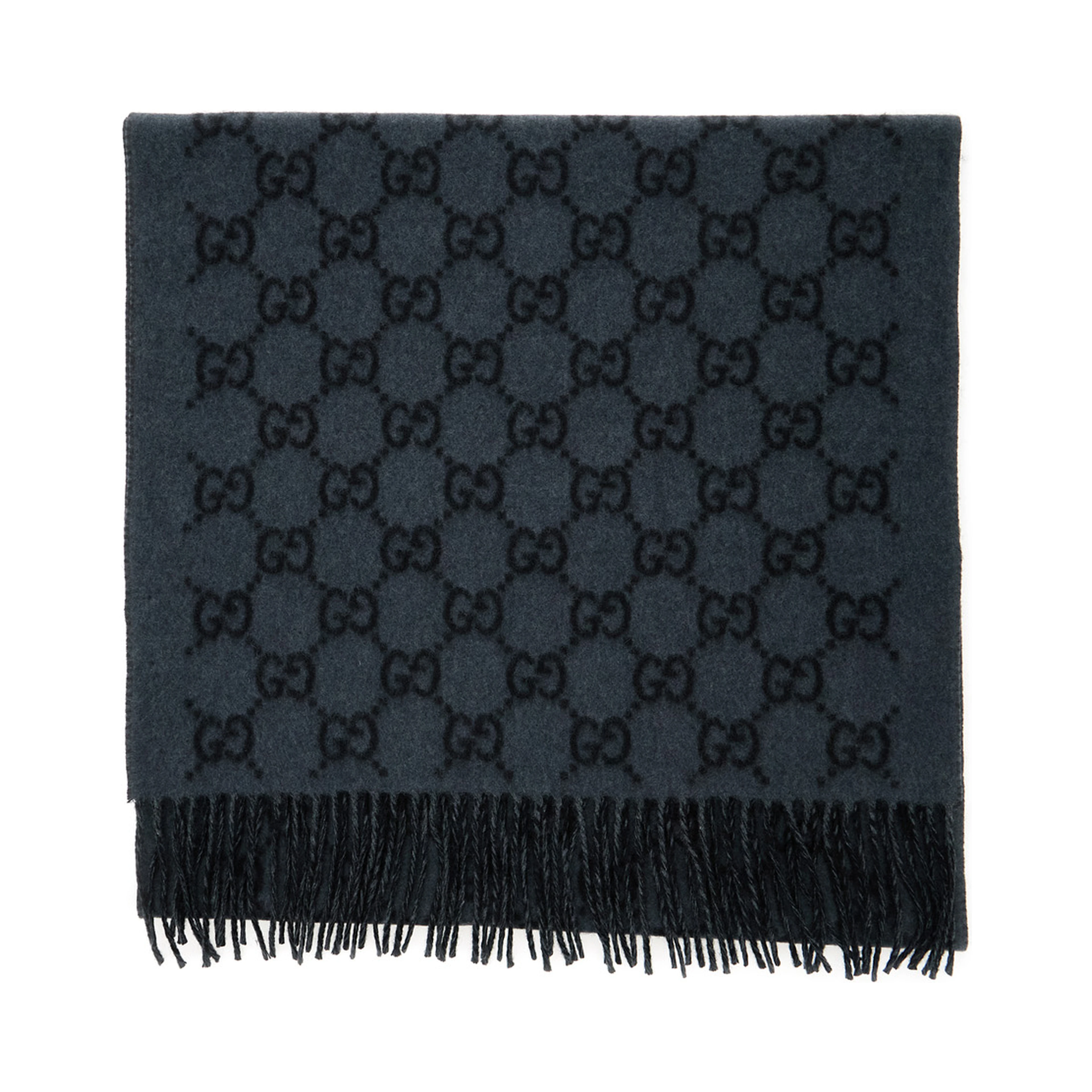 Fringed Edge Scarf with GG Jacquard Motif in Gray Cashmere for Men