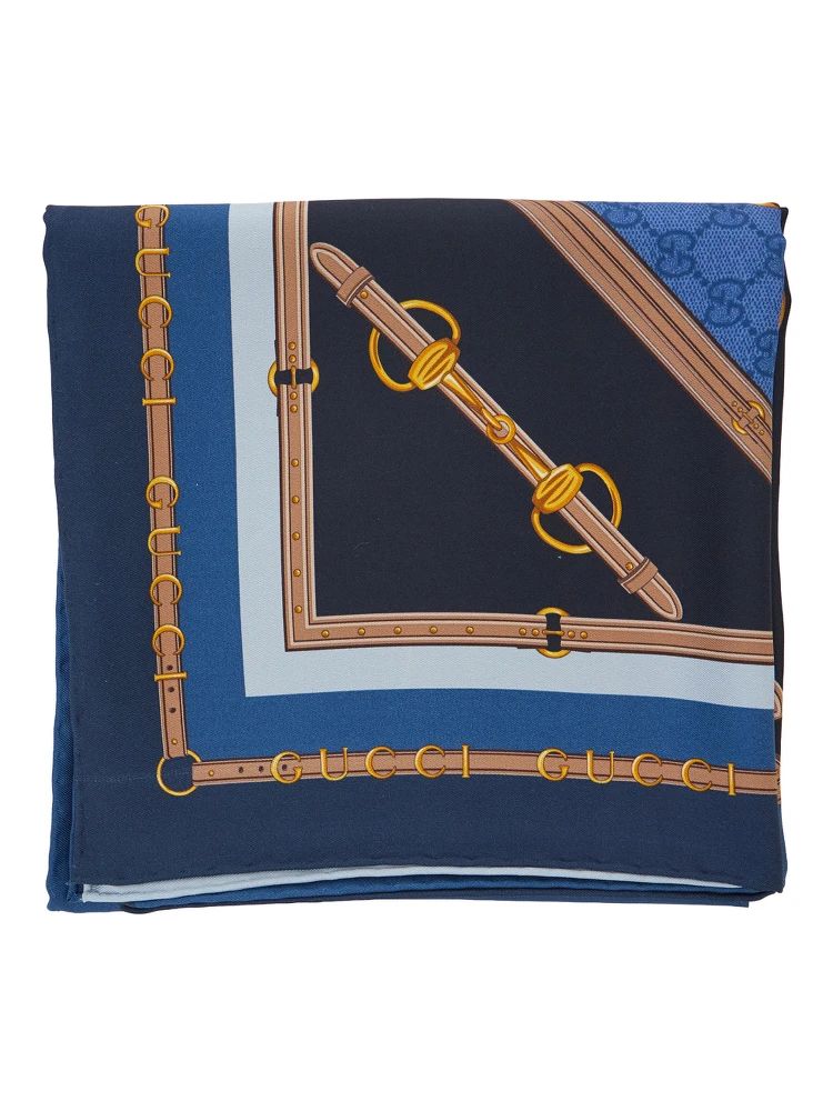 Blue Square Scarf with Equestrian Print in SIlk for Women