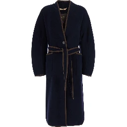 blue Coat with embroidery on the back and waist belt in fabric for women