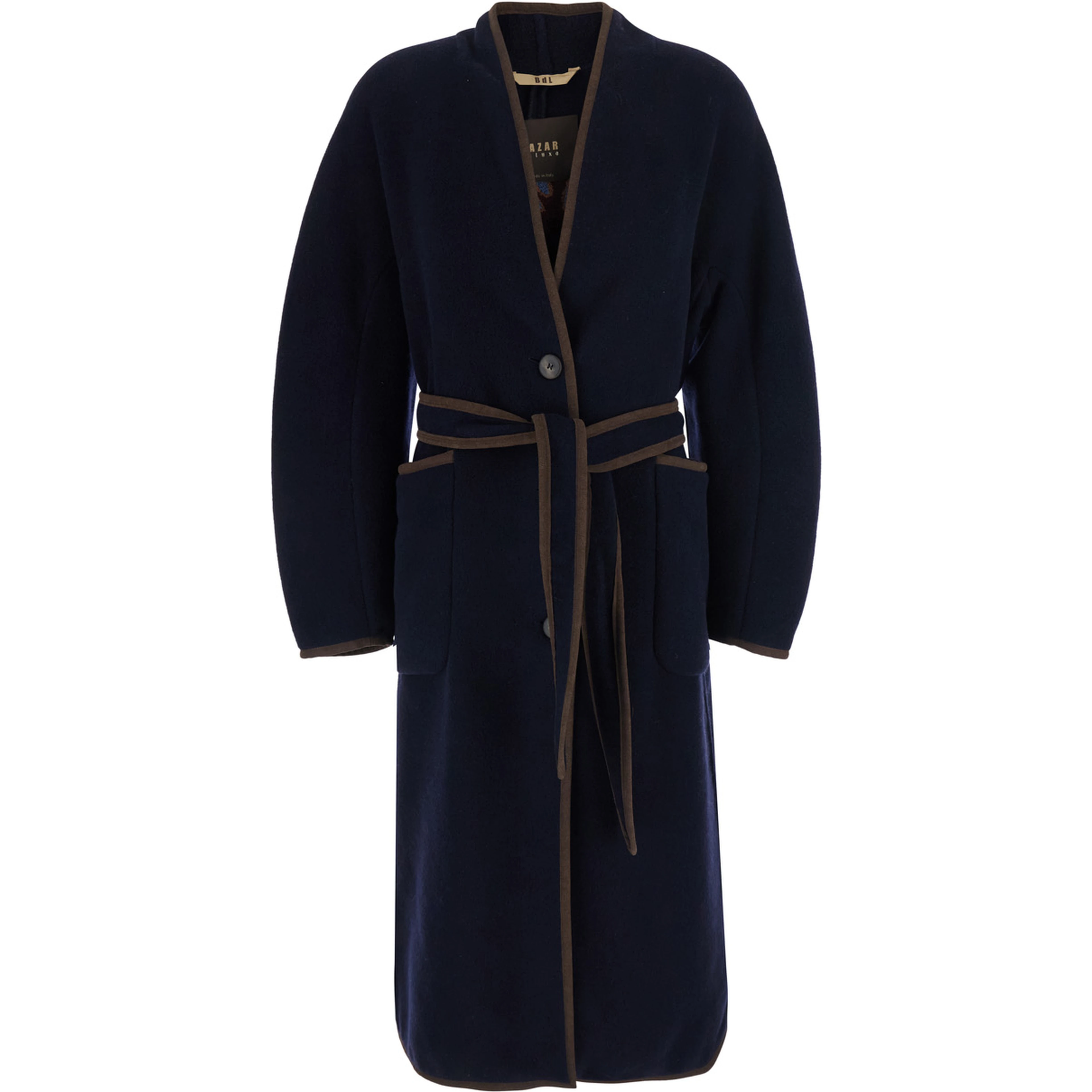 blue Coat with embroidery on the back and waist belt in fabric for women
