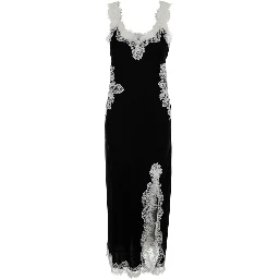 Black Long dress with spaghetti straps and all-over lace details in fabric for women