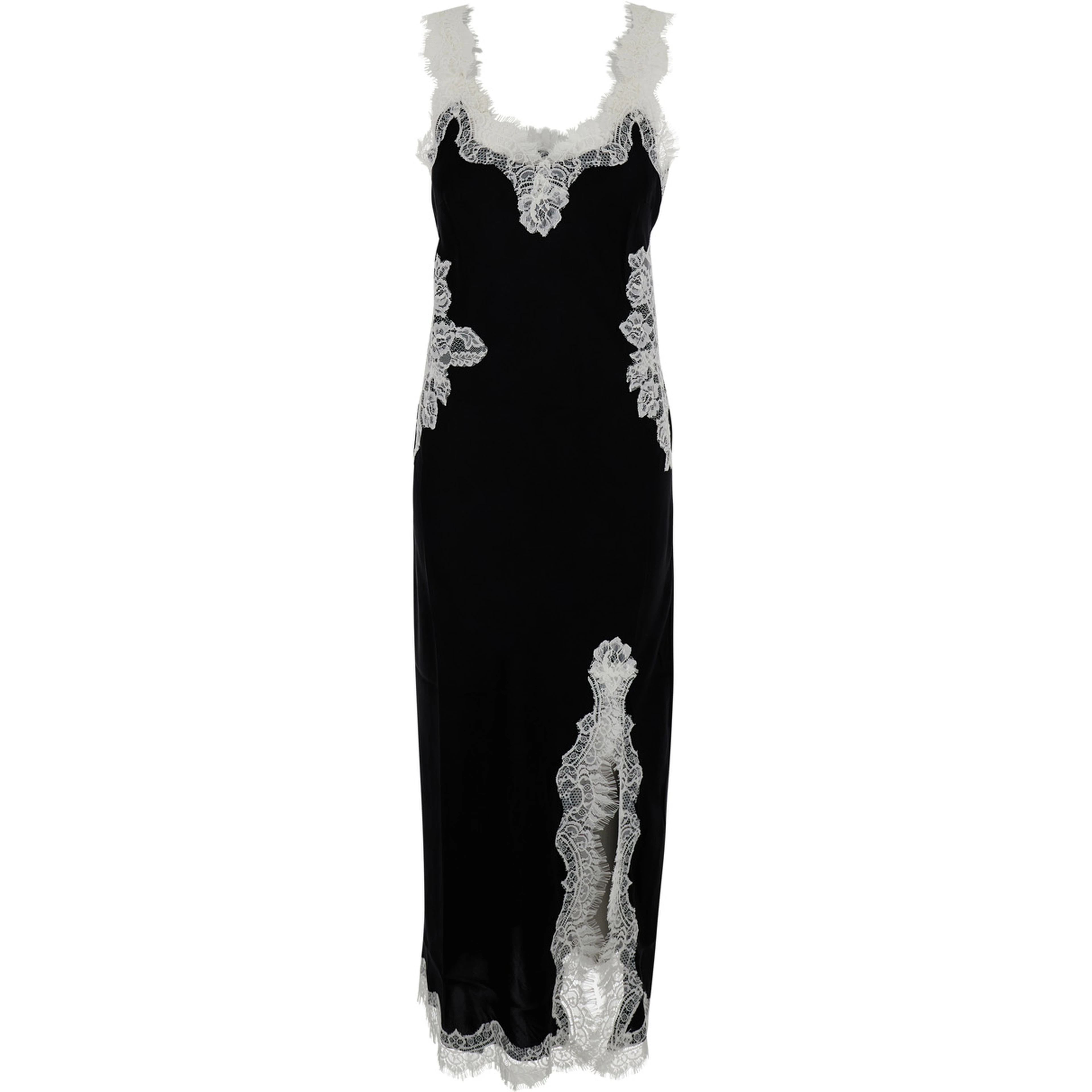 Black Long dress with spaghetti straps and all-over lace details in fabric for women
