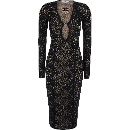 Black Dress with V-neck and all-over lace embroidery in Tech Fabric for women
