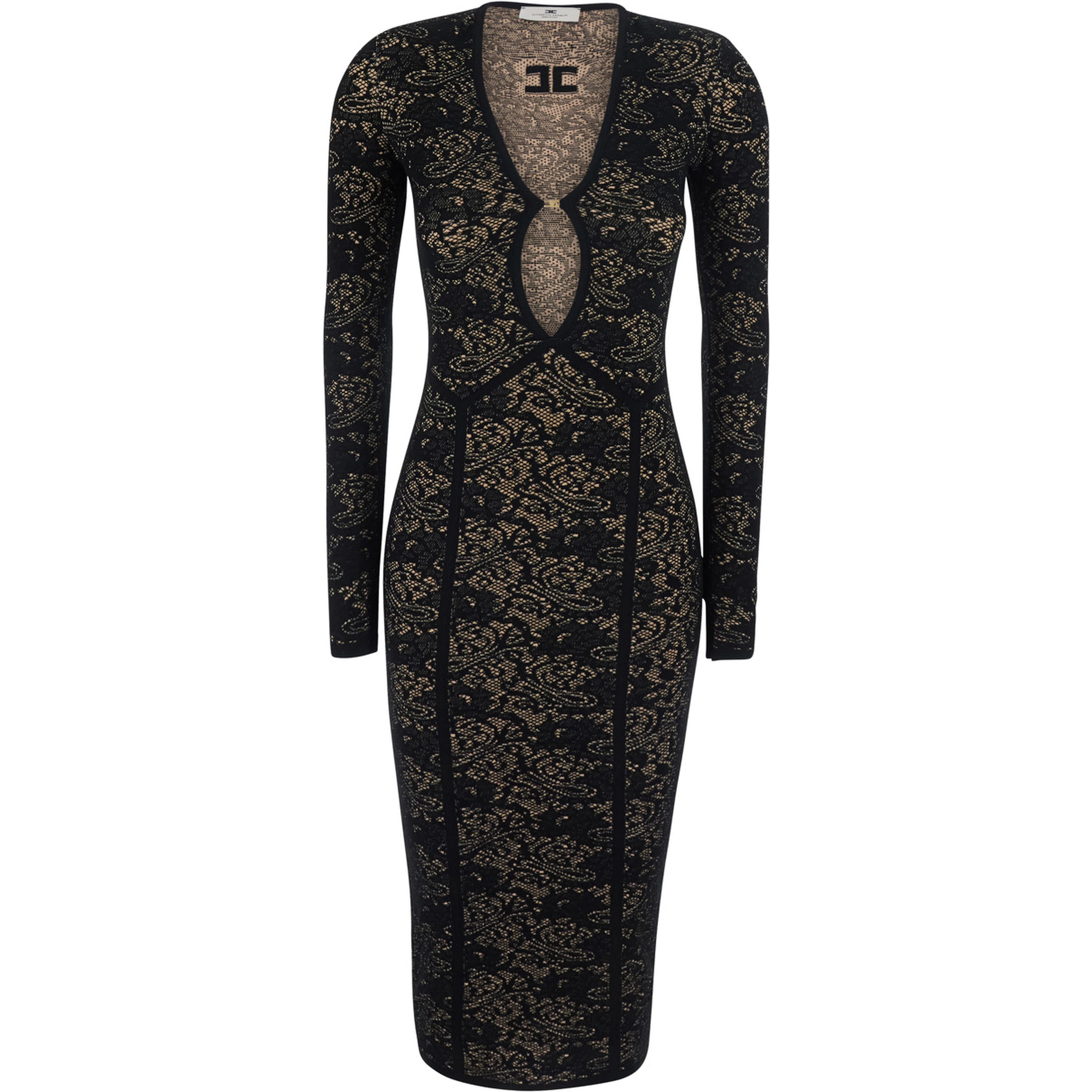 Black Dress with V-neck and all-over lace embroidery in Tech Fabric for women