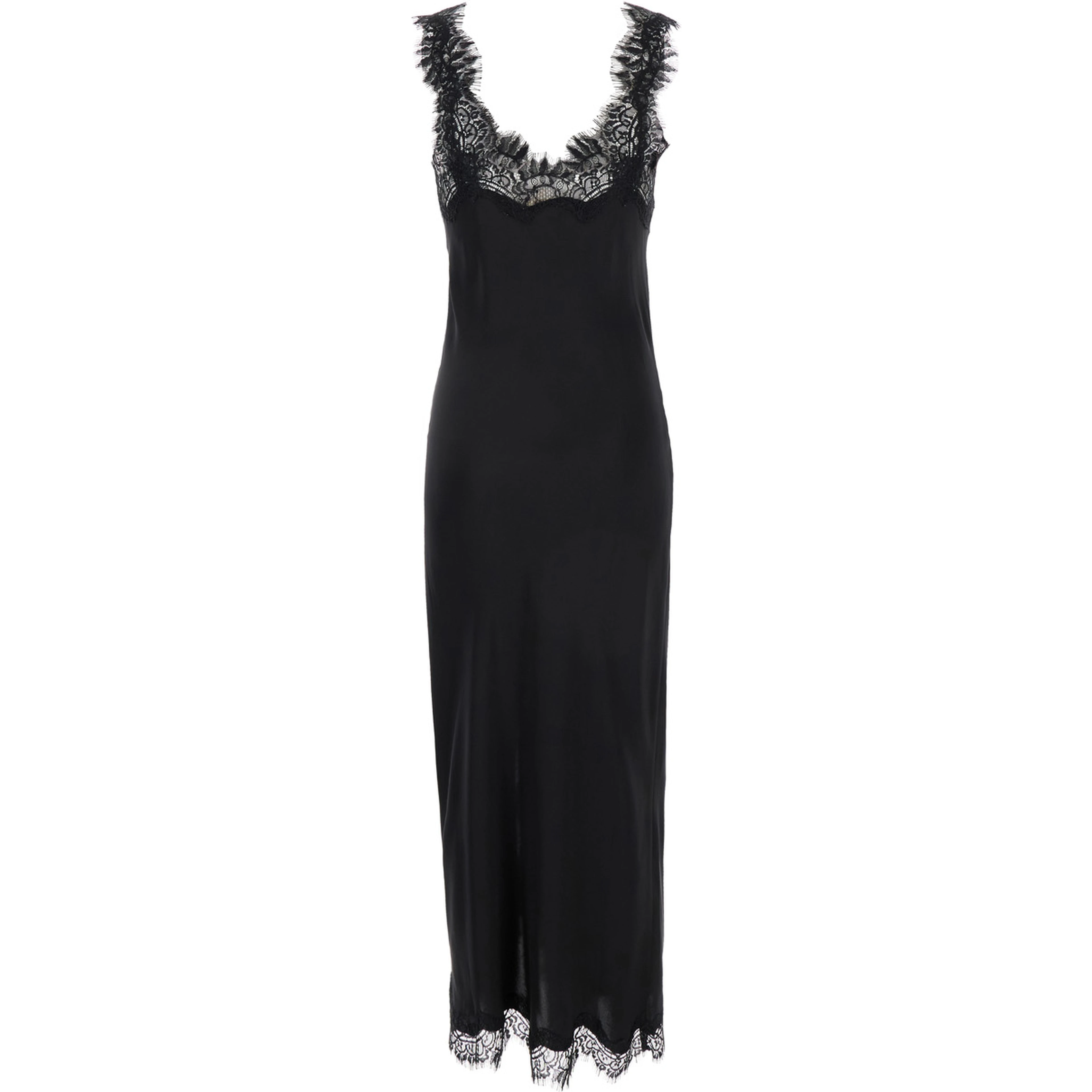 Long Dress Miley with Tone-on-Tone Lace Trimmings in Black Silk for Women