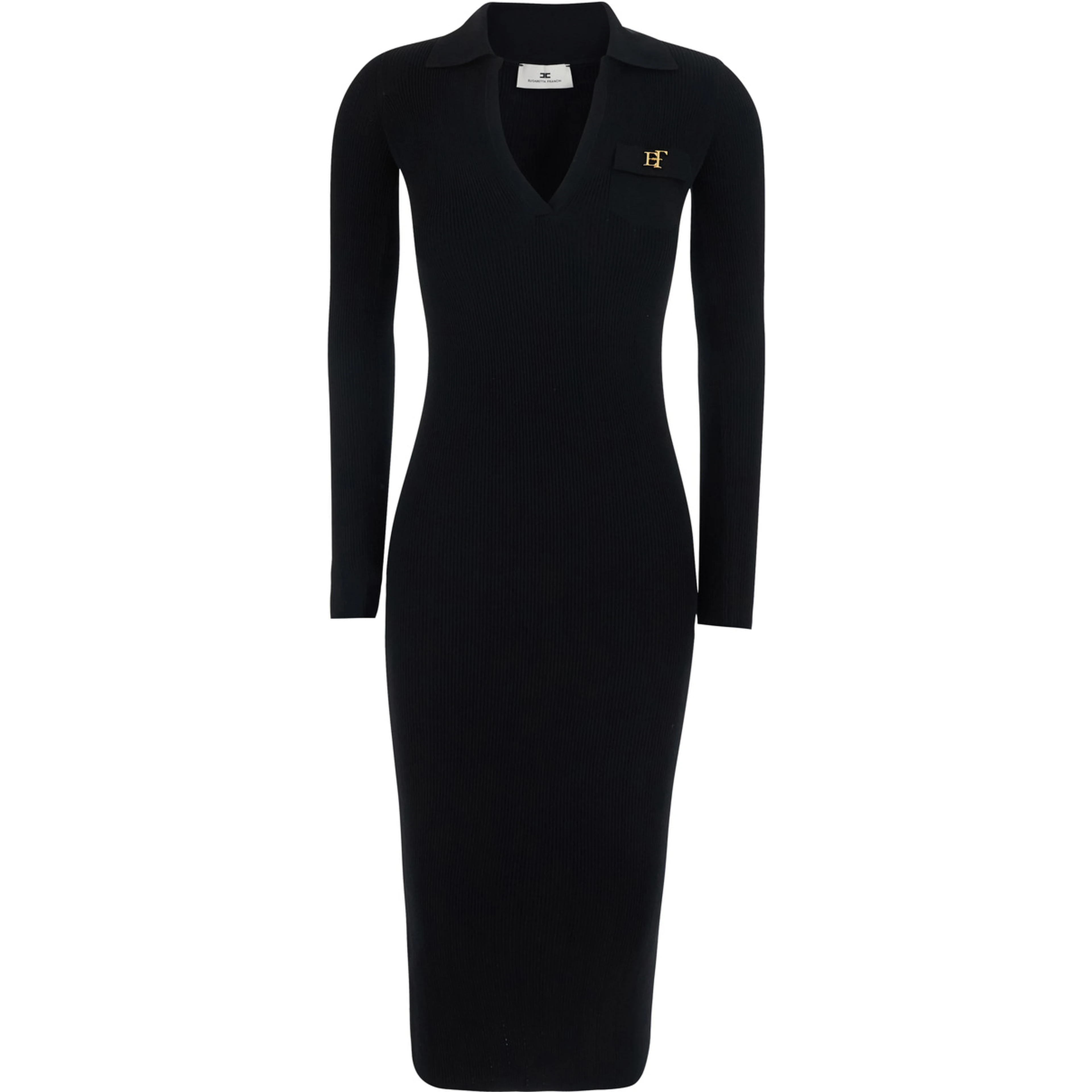 Black Dress with V-neck and logo detail on the front in Tech Fabric for women