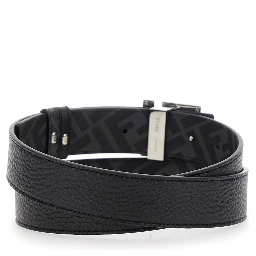 Belt with FF Logo Plate in Metallic and Black Grained Leather for Men