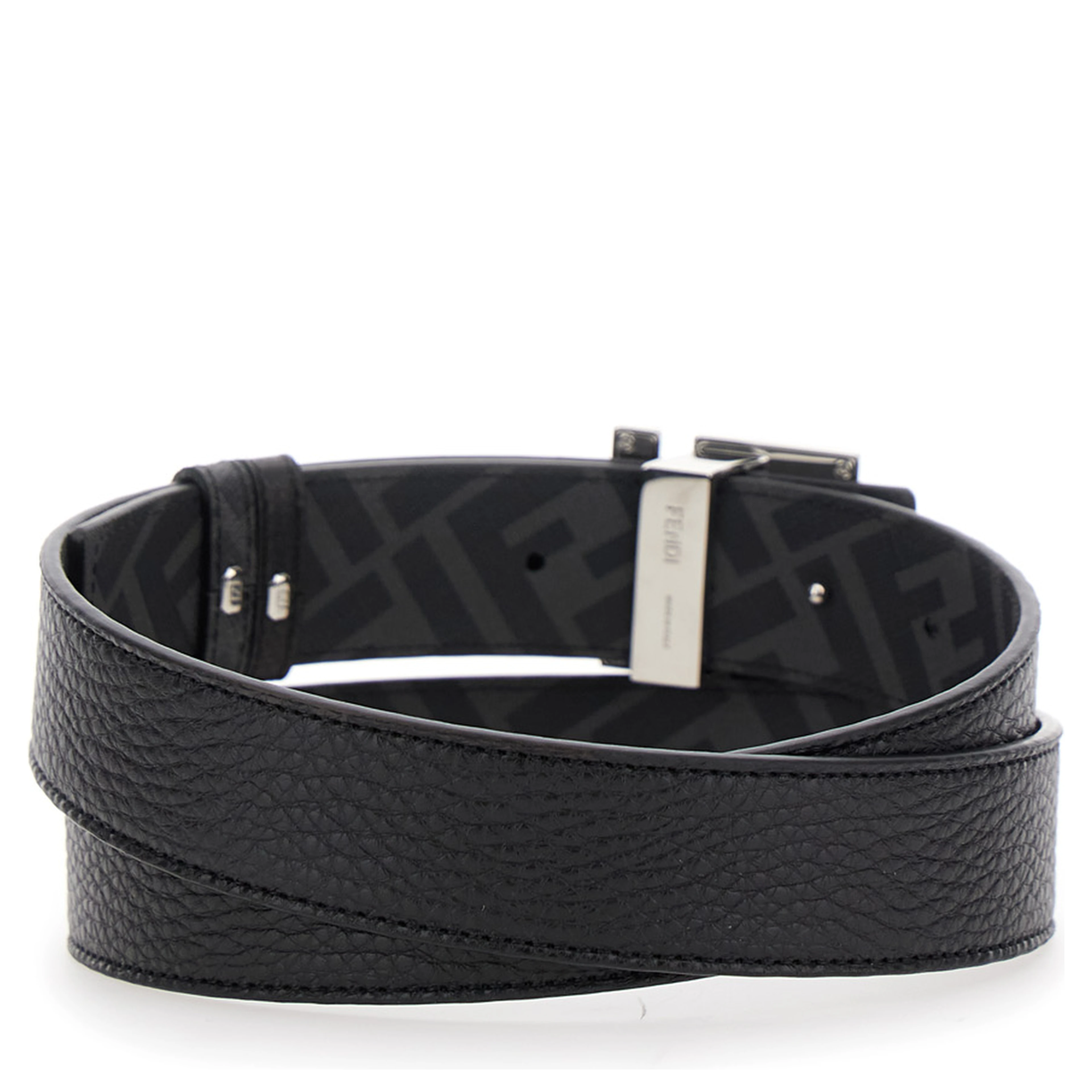 Belt with FF Logo Plate in Metallic and Black Grained Leather for Men