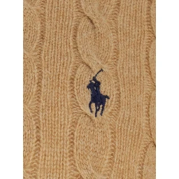 Crew Neck Sweater with Braided Knit and Pony Embroidery on the Front in Wool and Cashmere Beige Men