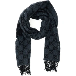 Fringed Edge Scarf with GG Jacquard Motif in Gray Cashmere for Men