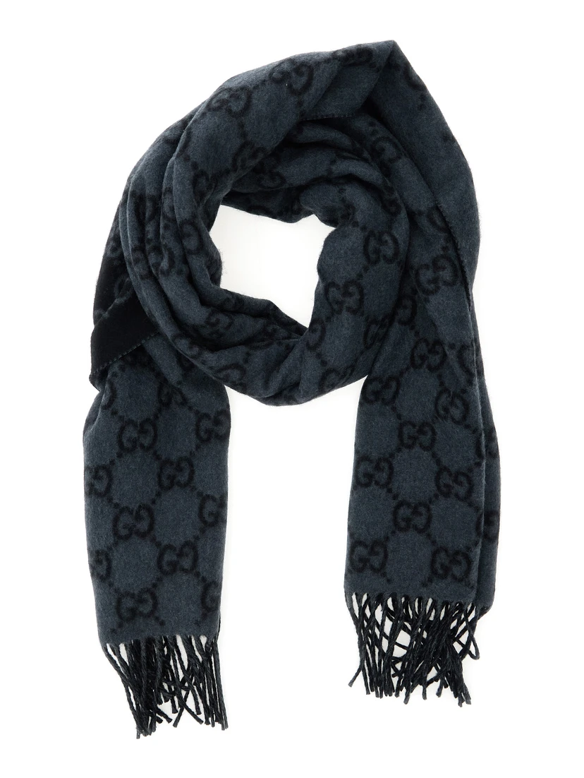 Fringed Edge Scarf with GG Jacquard Motif in Gray Cashmere for Men