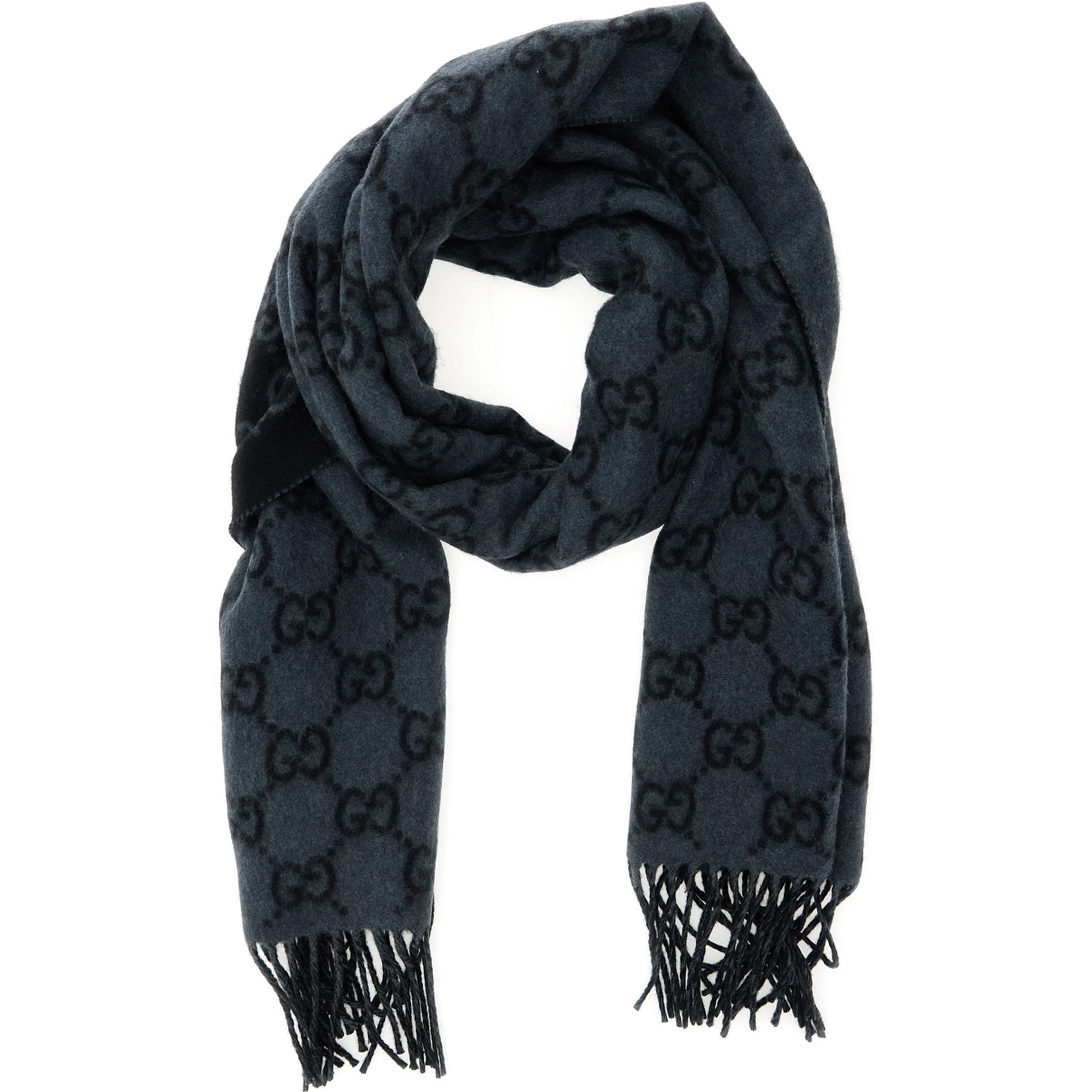 Fringed Edge Scarf with GG Jacquard Motif in Gray Cashmere for Men