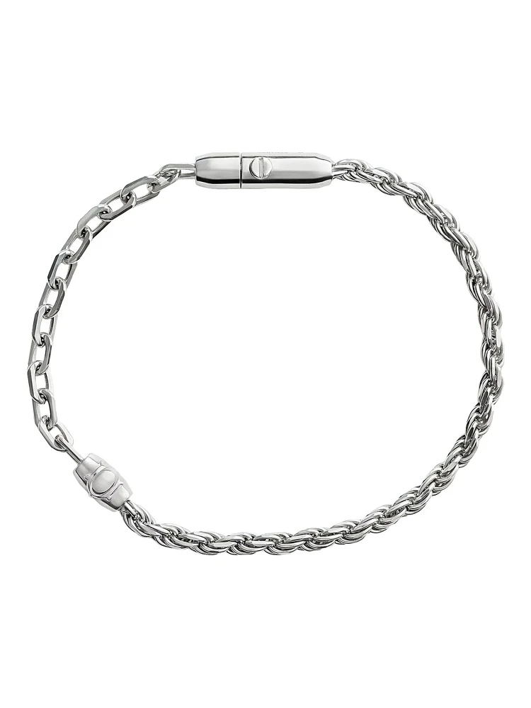 Silver Bracelet with Two Contrasting Chains and Press-Stud Closure in Sterling Silver for Men