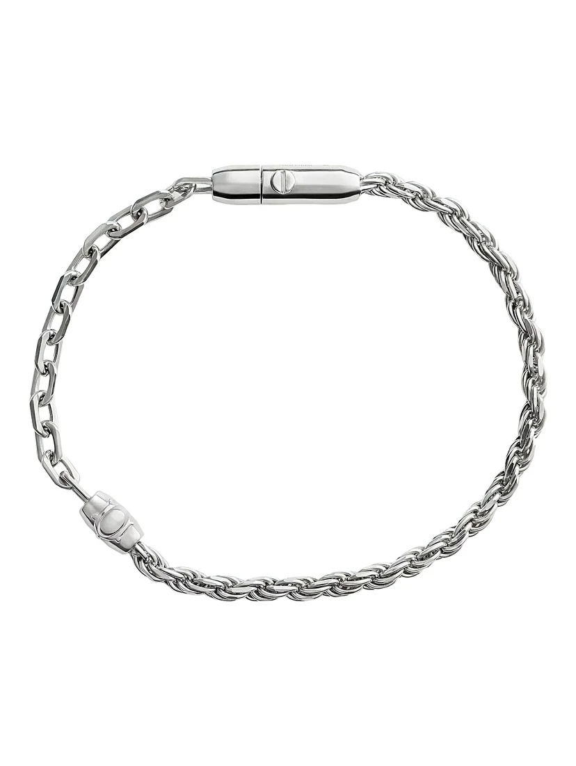 Silver Bracelet with Two Contrasting Chains and Press-Stud Closure in Sterling Silver for Men