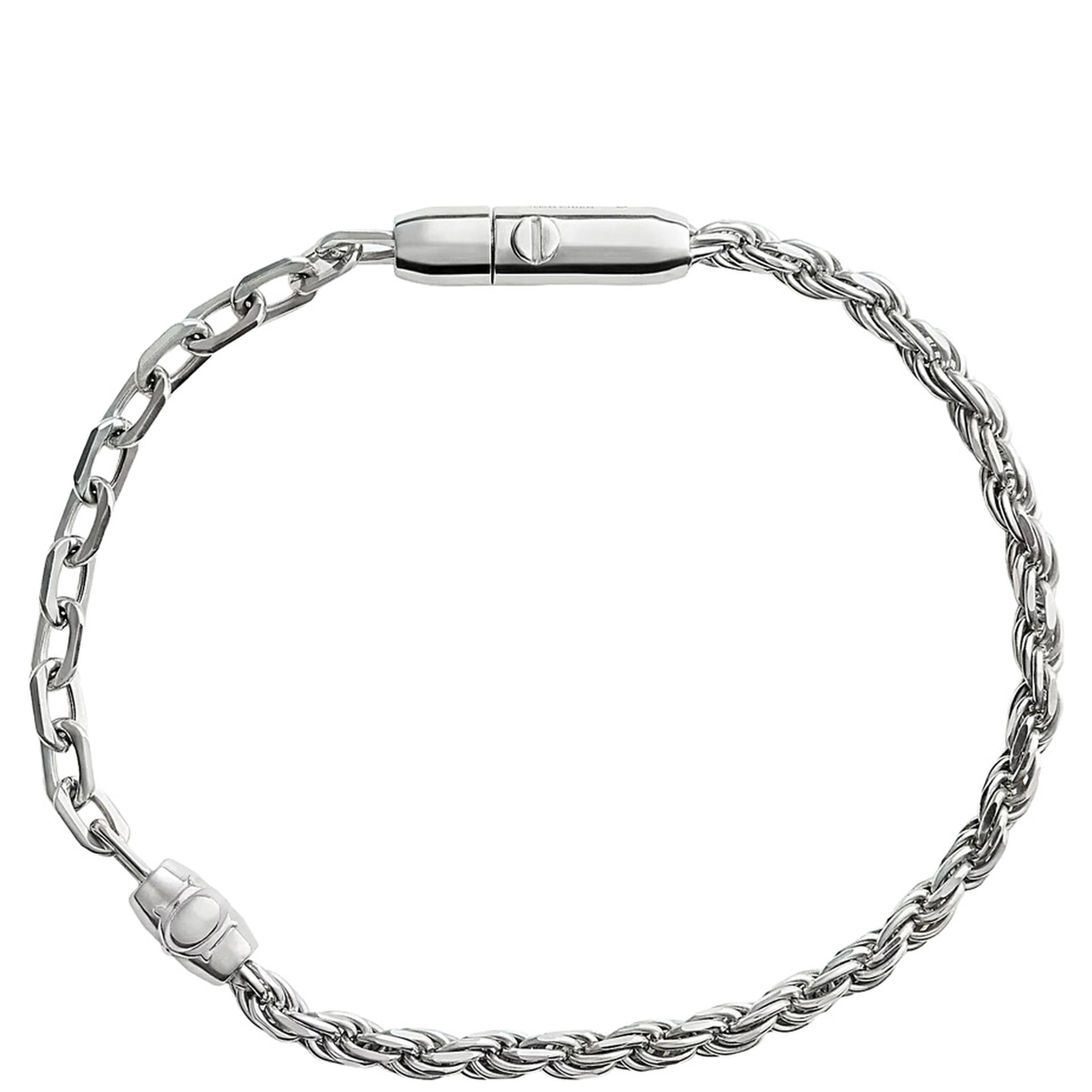 Silver Bracelet with Two Contrasting Chains and Press-Stud Closure in Sterling Silver for Men