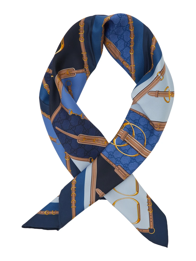 Blue Square Scarf with Equestrian Print in SIlk for Women