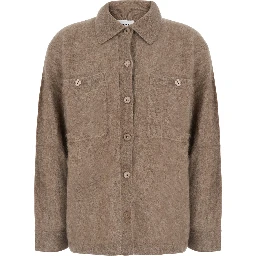 beige Sweater with classic collar and Patch pockets in wool and yak for women
