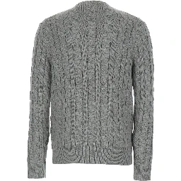 Crewneck Sweater with Pony Embroidery on the Front and Cable Knit in Grey Cotton for Men