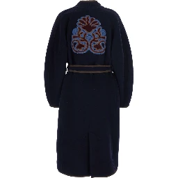 blue Coat with embroidery on the back and waist belt in fabric for women