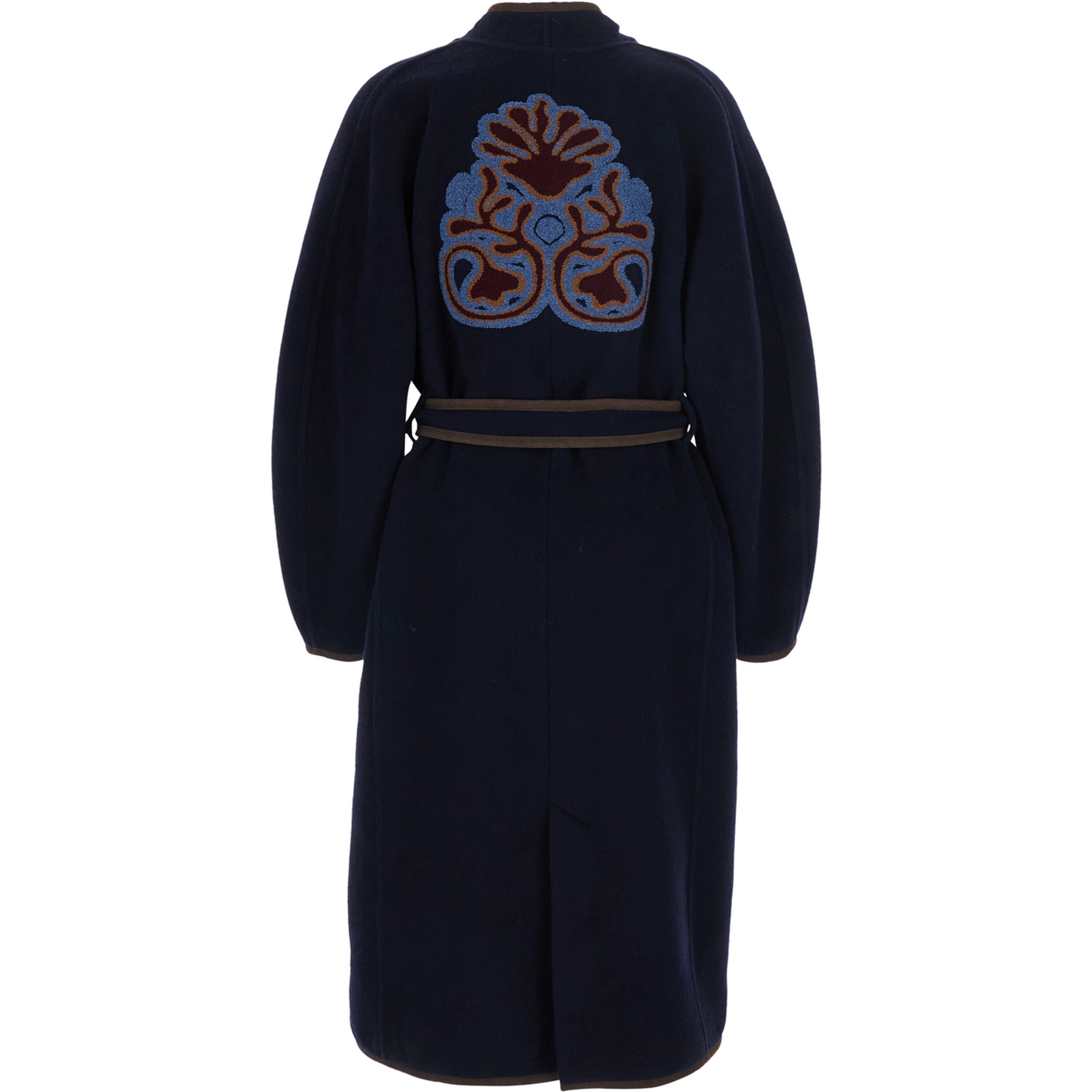 blue Coat with embroidery on the back and waist belt in fabric for women