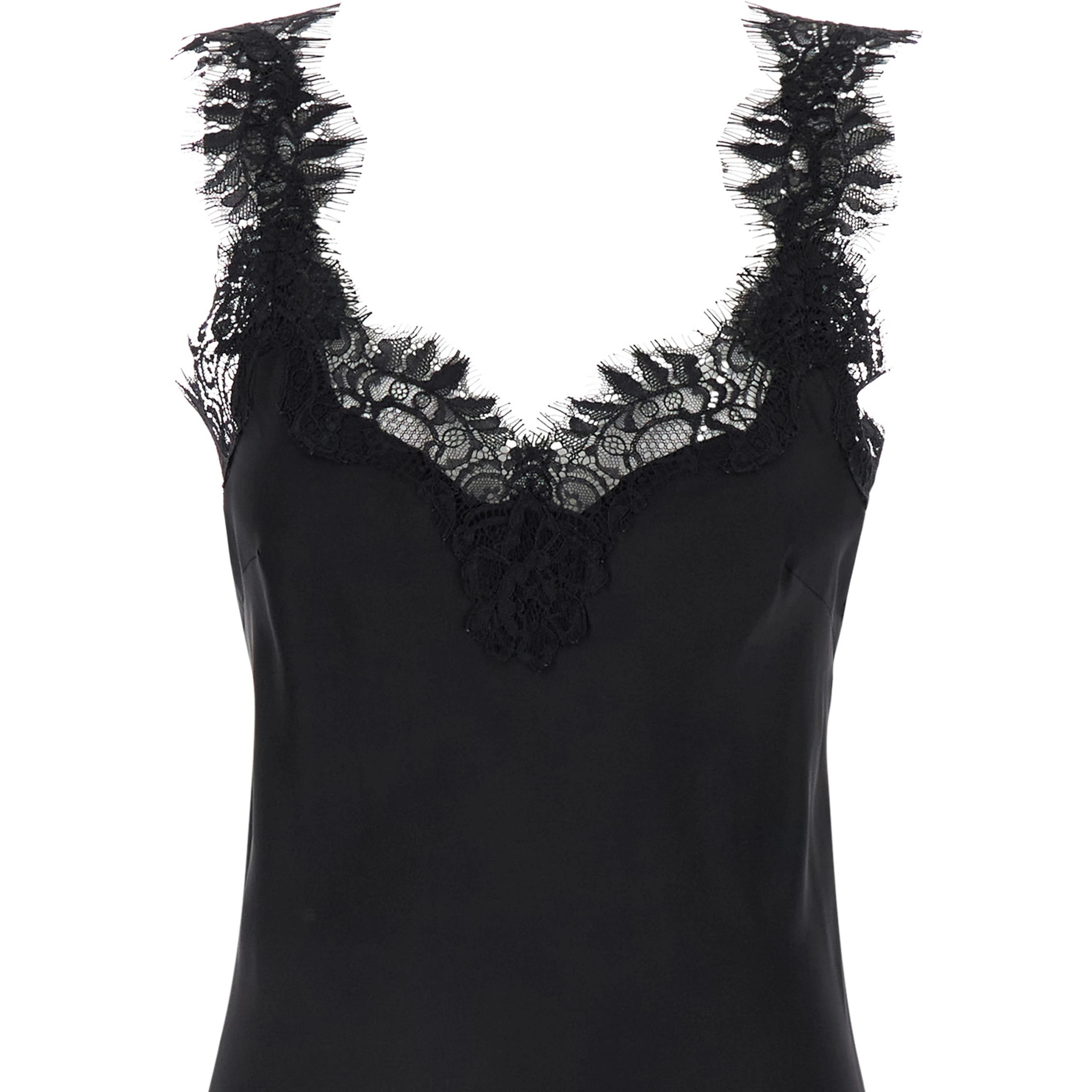 Long Dress Miley with Tone-on-Tone Lace Trimmings in Black Silk for Women