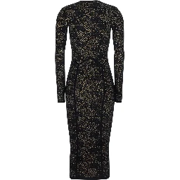 Black Dress with V-neck and all-over lace embroidery in Tech Fabric for women