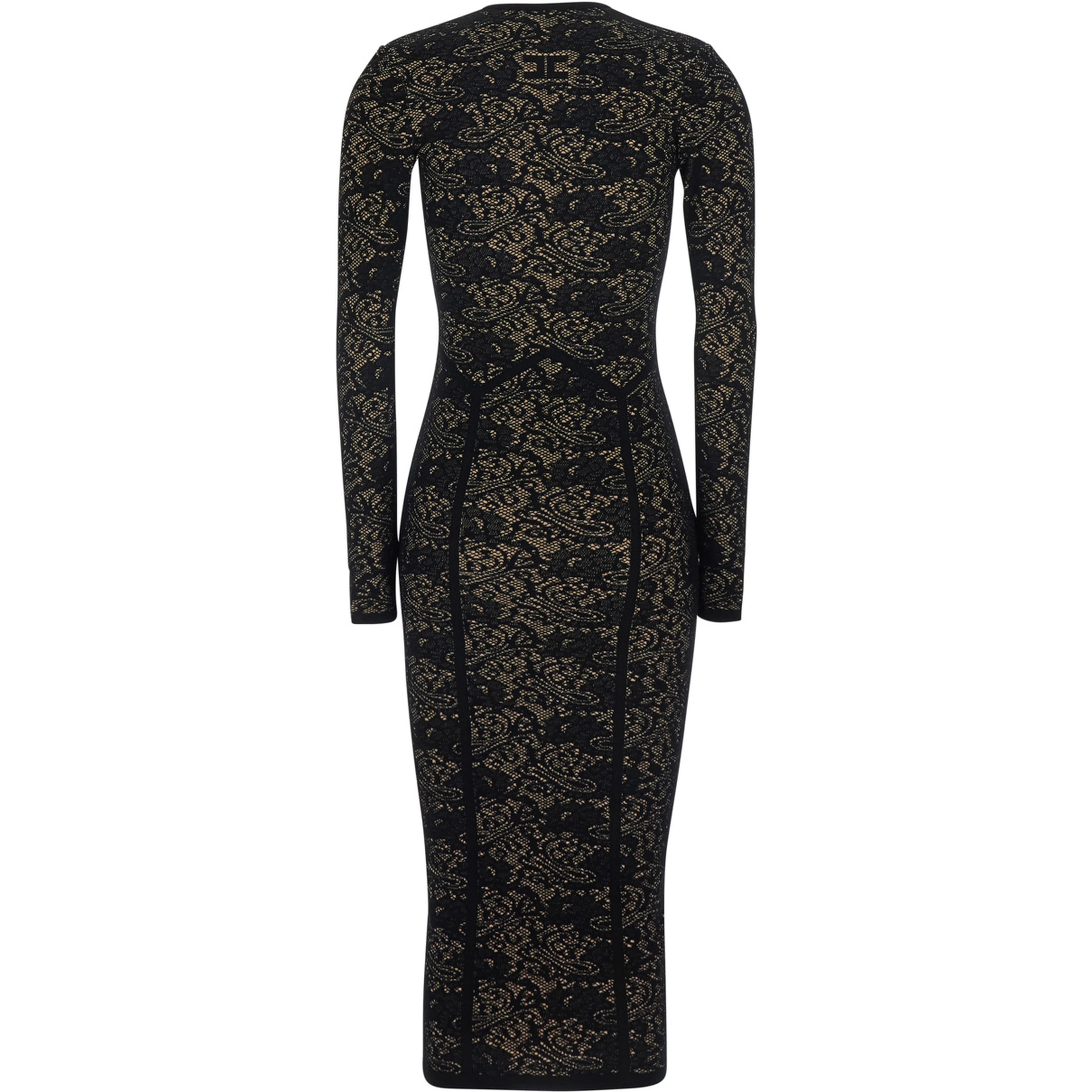 Black Dress with V-neck and all-over lace embroidery in Tech Fabric for women