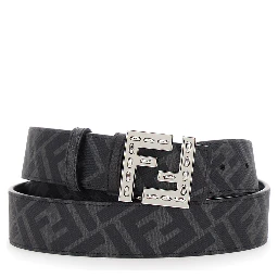 Belt with FF Logo Plate in Metallic and Black Grained Leather for Men