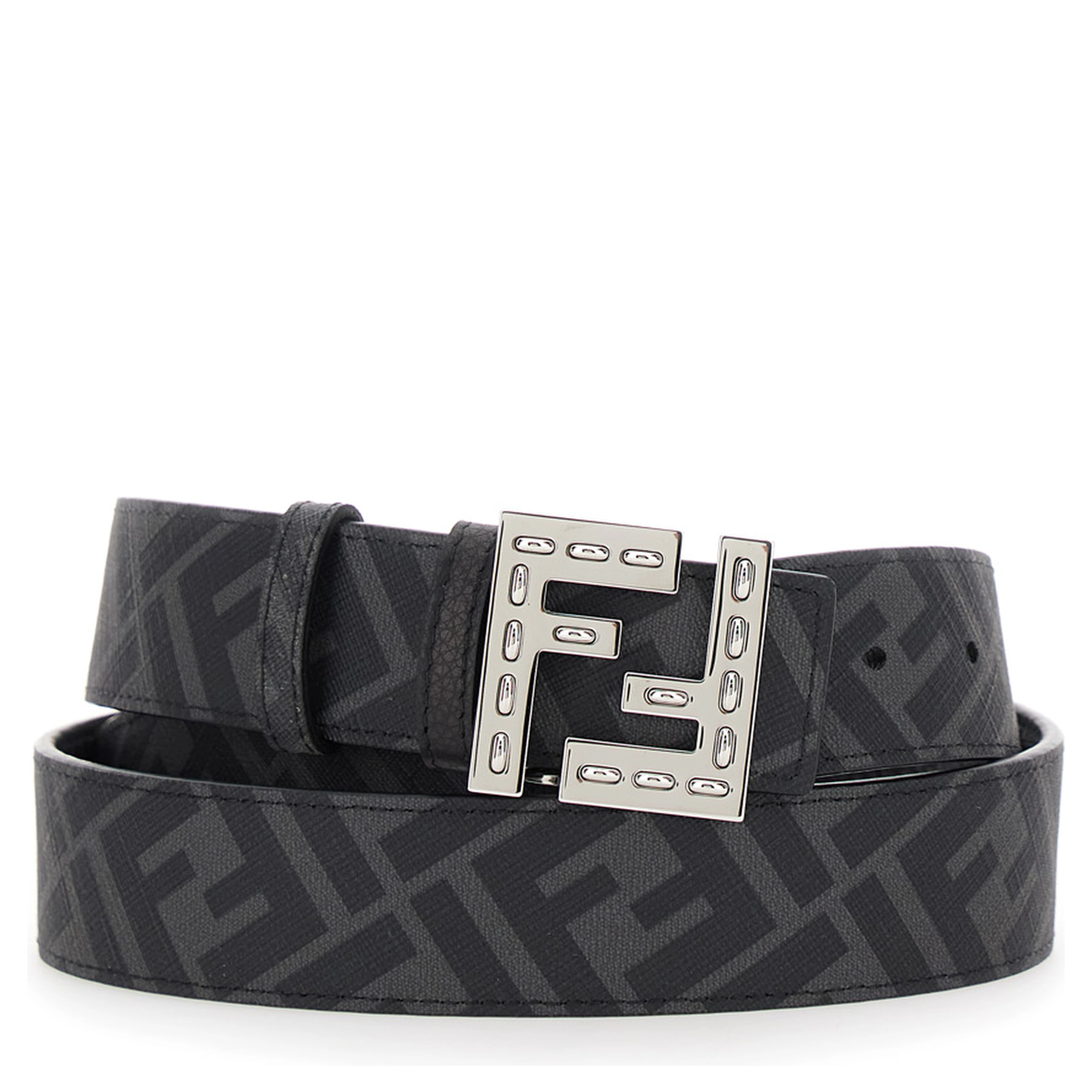 Belt with FF Logo Plate in Metallic and Black Grained Leather for Men