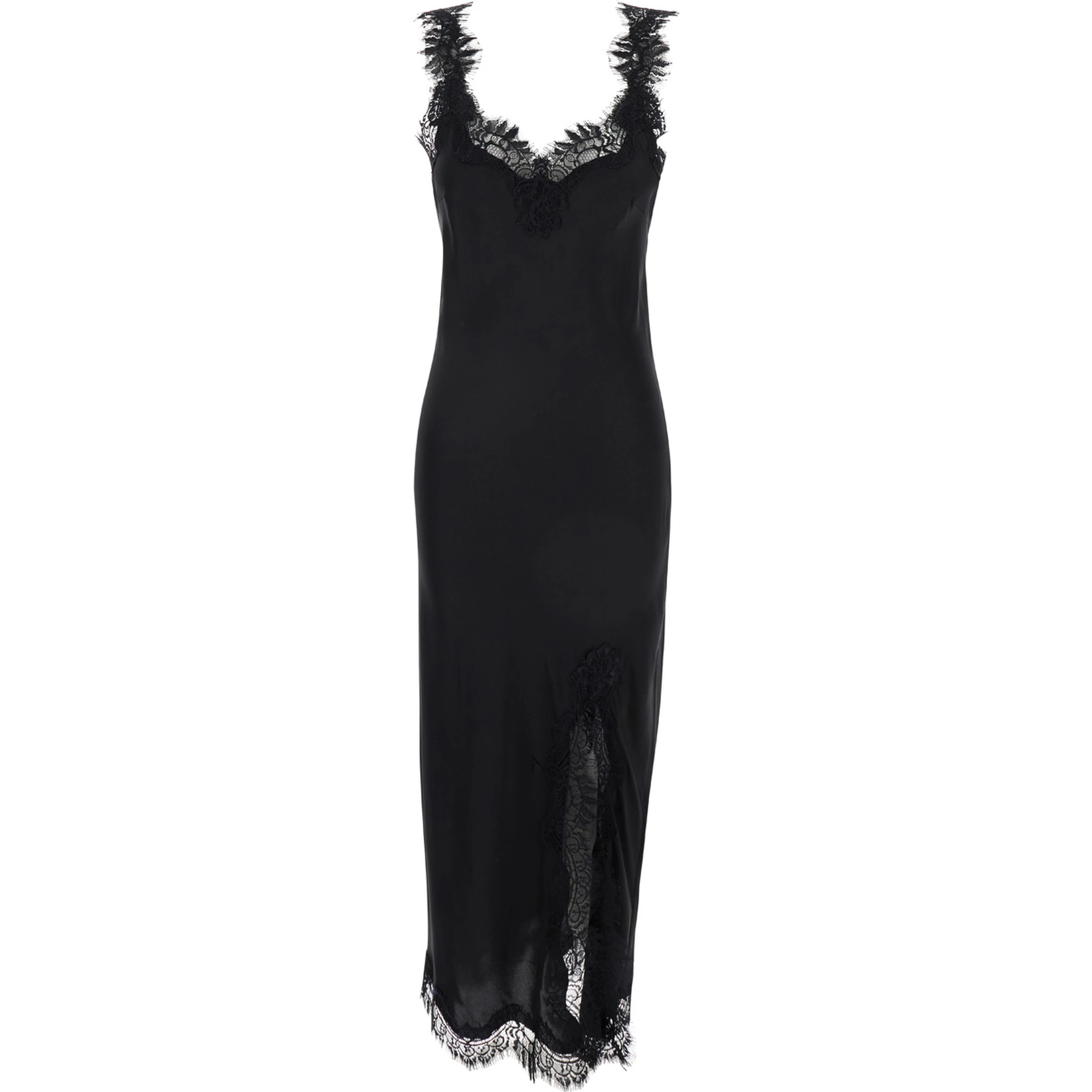 Long Dress Miley with Tone-on-Tone Lace Trimmings in Black Silk for Women