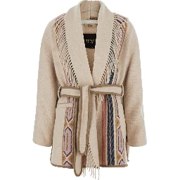 Navajo Beige Coat with front belt and geometric motif in fabric for women