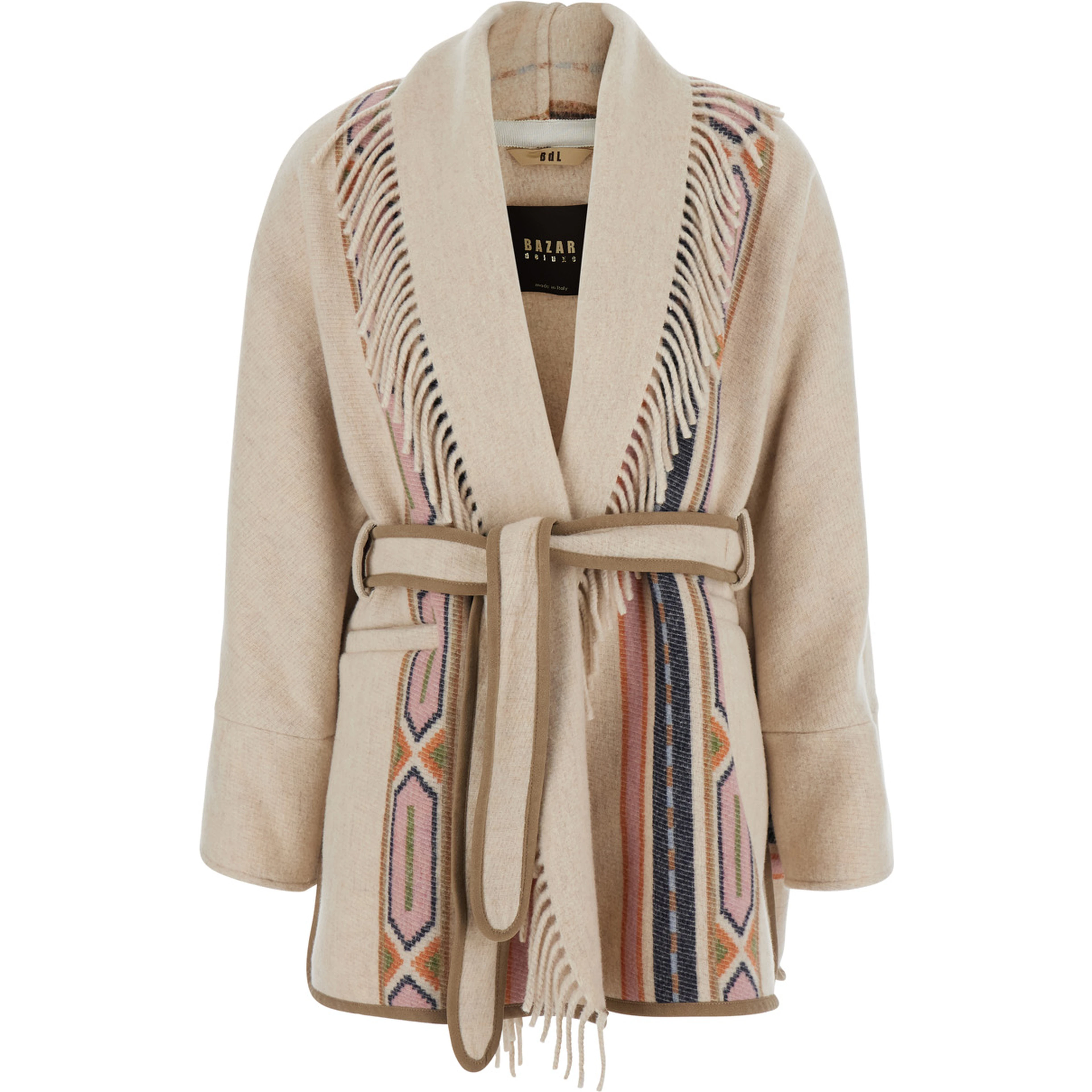 Navajo Beige Coat with front belt and geometric motif in fabric for women