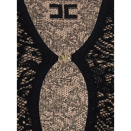 Black Dress with V-neck and all-over lace embroidery in Tech Fabric for women