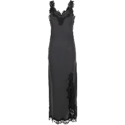 Grey Long dress with lace details and front neckline in fabric for women