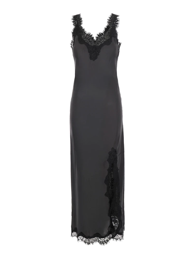 Grey Long dress with lace details and front neckline in fabric for women