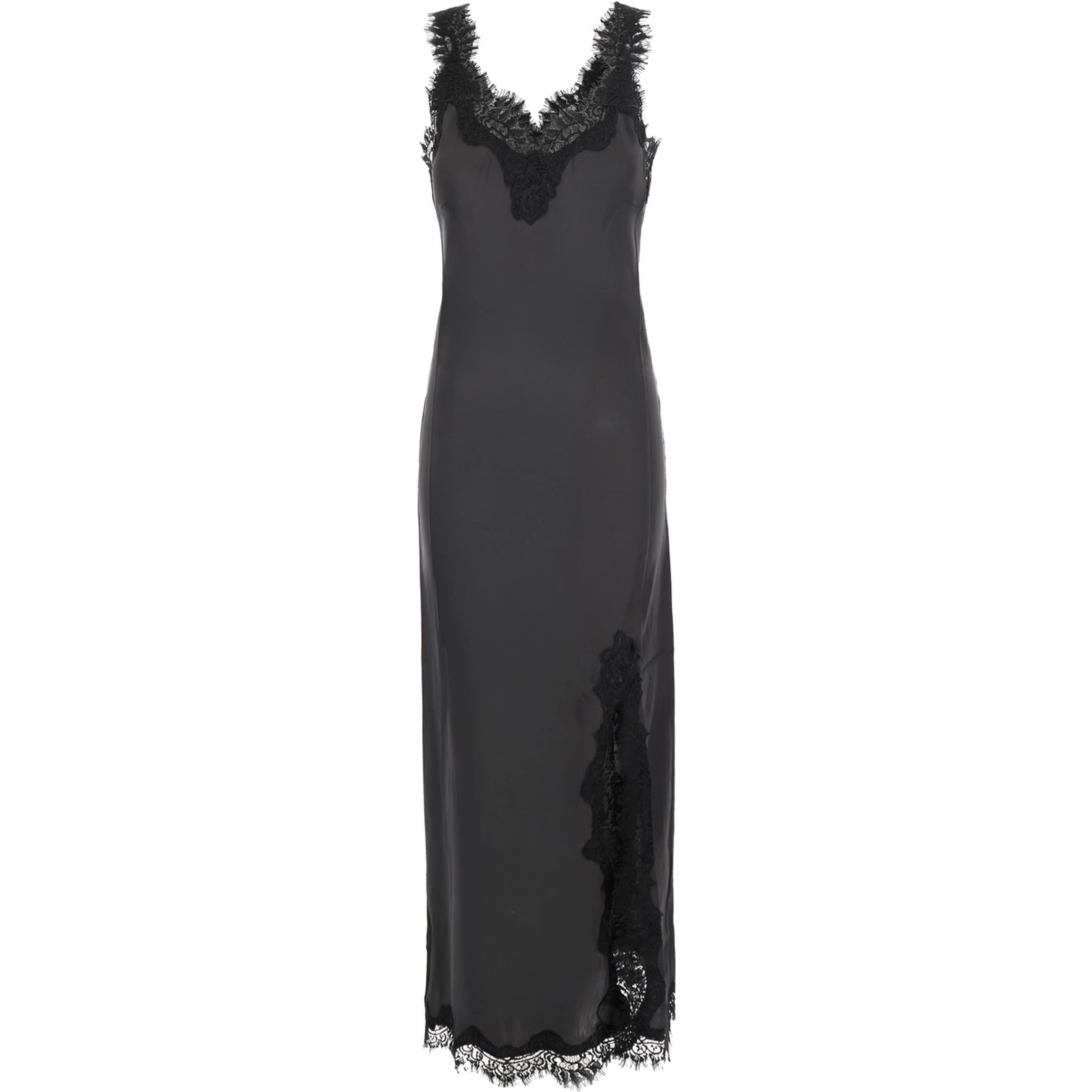 Grey Long dress with lace details and front neckline in fabric for women