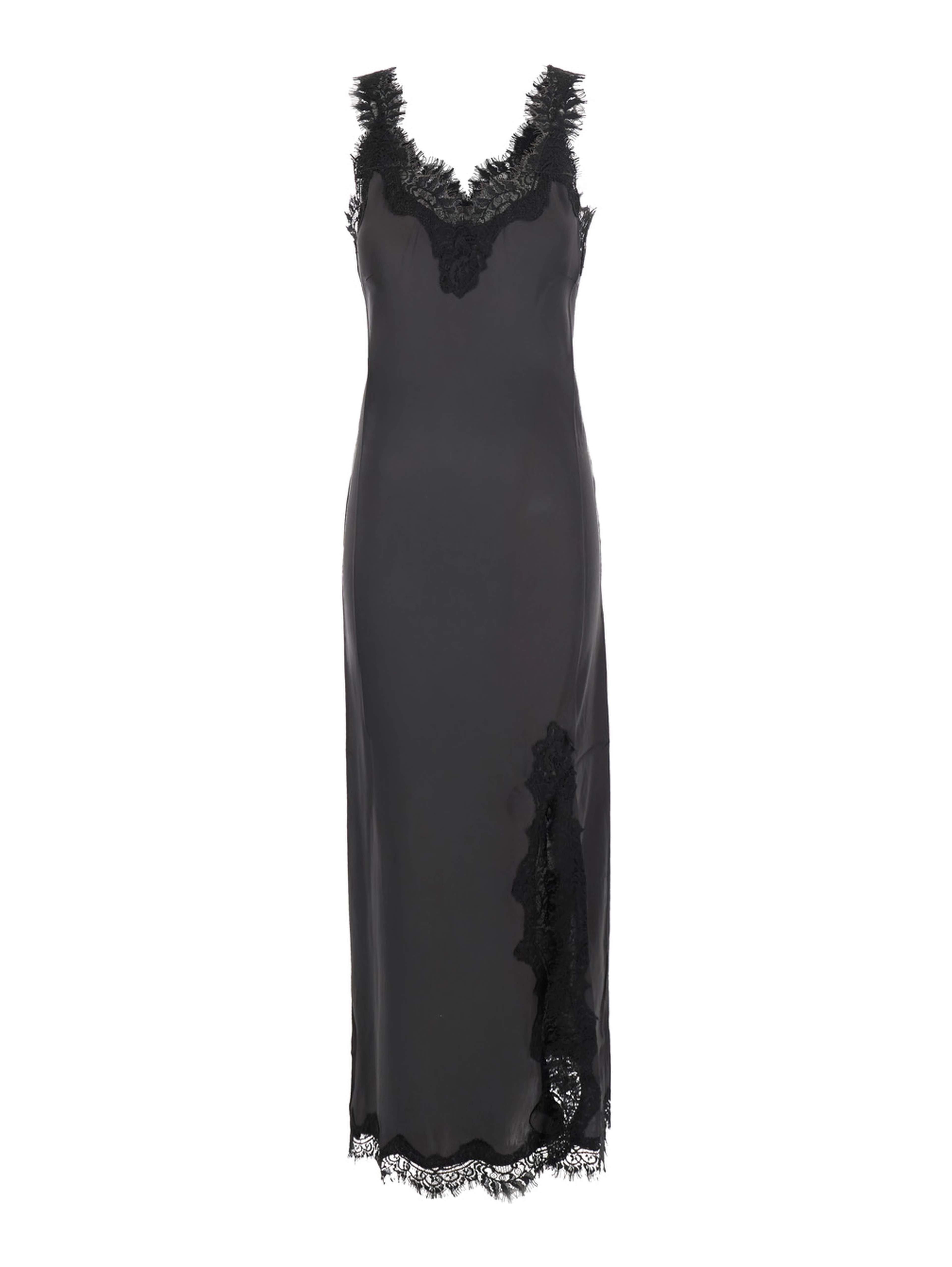 Grey Long dress with lace details and front neckline in fabric for women