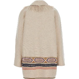 Navajo Beige Coat with front belt and geometric motif in fabric for women
