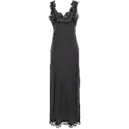 Grey Long dress with lace details and front neckline in fabric for women