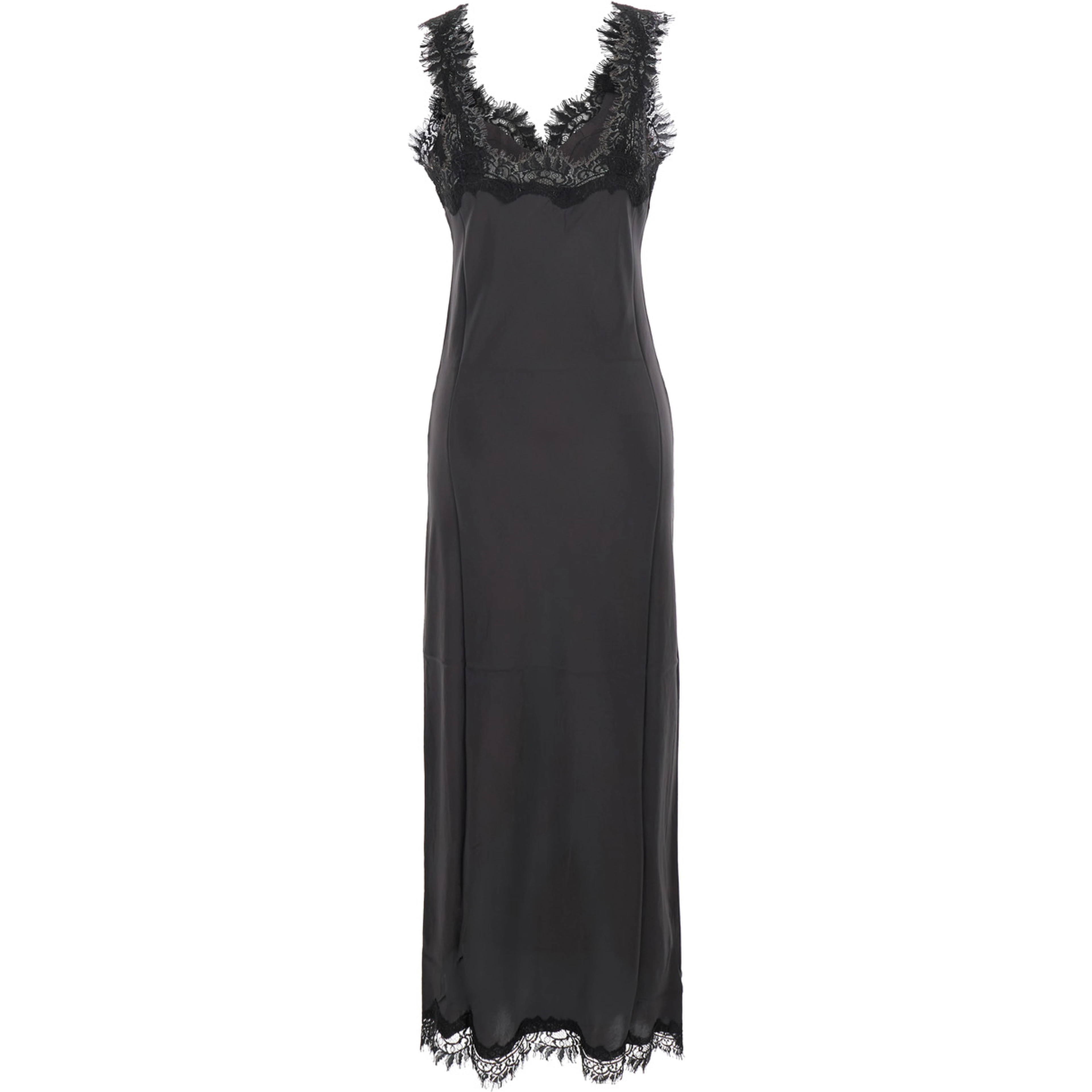 Grey Long dress with lace details and front neckline in fabric for women