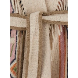 Navajo Beige Coat with front belt and geometric motif in fabric for women