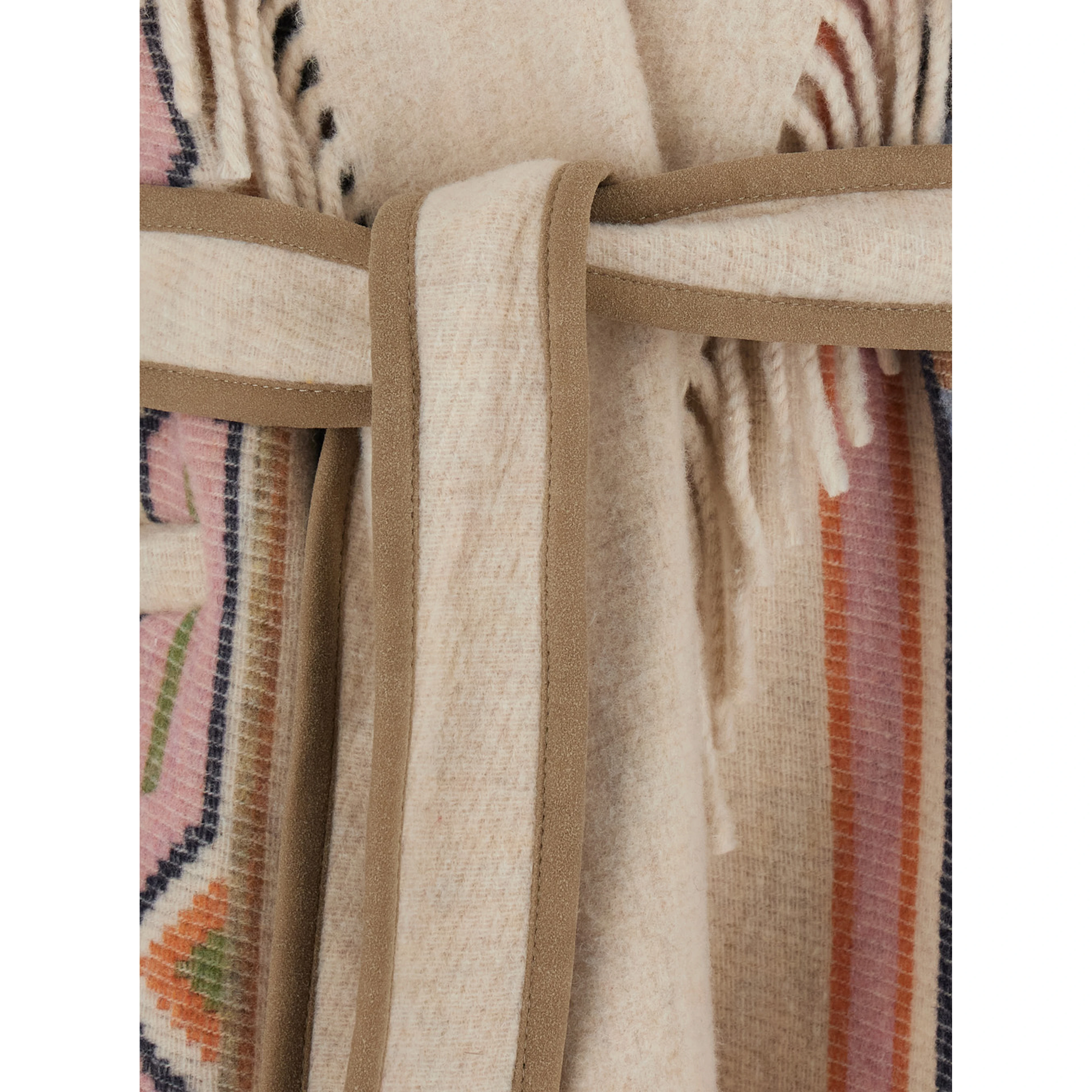 Navajo Beige Coat with front belt and geometric motif in fabric for women