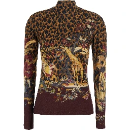 Brown High-neck sweater with animal motif all-over in wool blend women