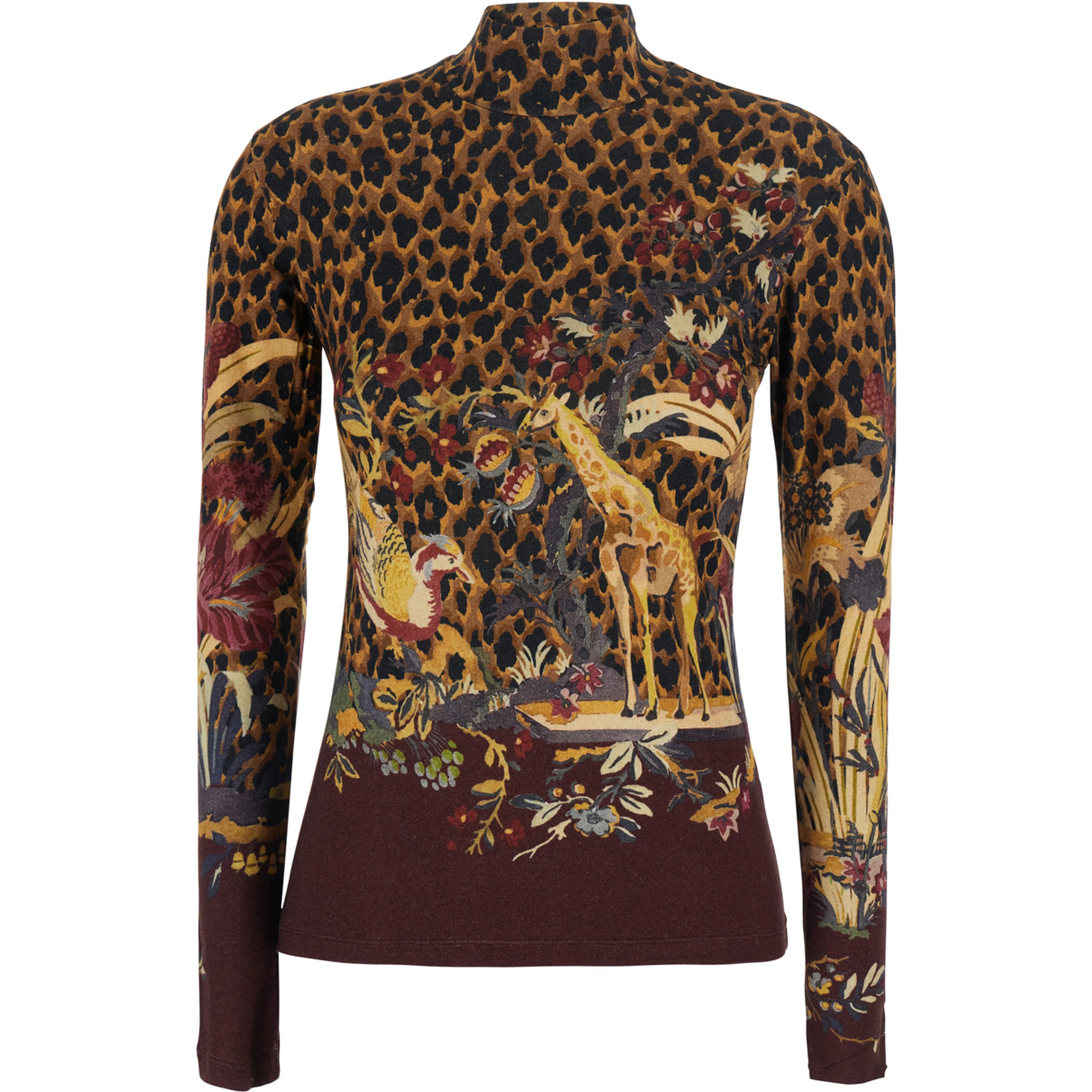 Brown High-neck sweater with animal motif all-over in wool blend women