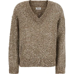 Beige V-Neck Sweater with knit design in blend wool for women