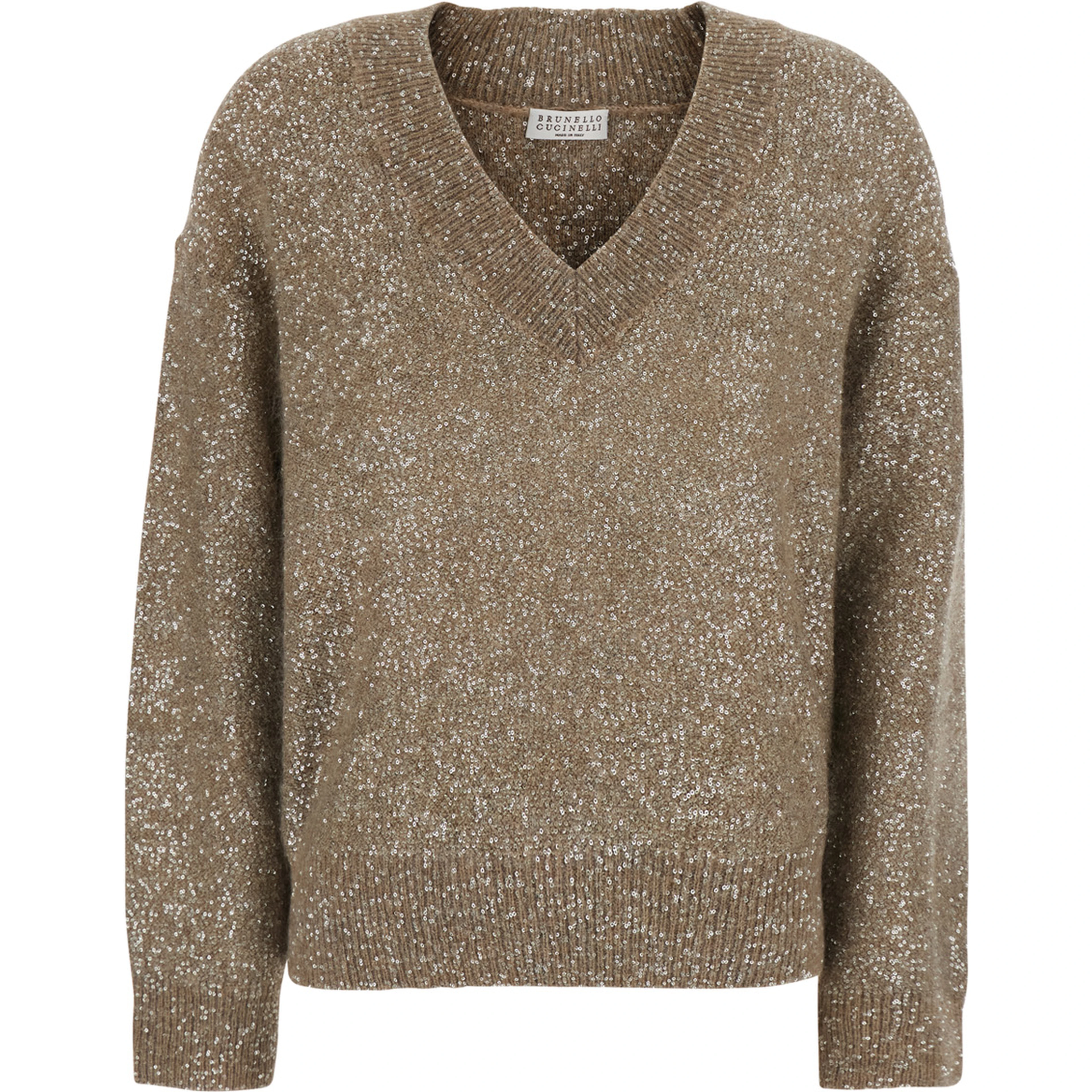 Beige V-Neck Sweater with knit design in blend wool for women