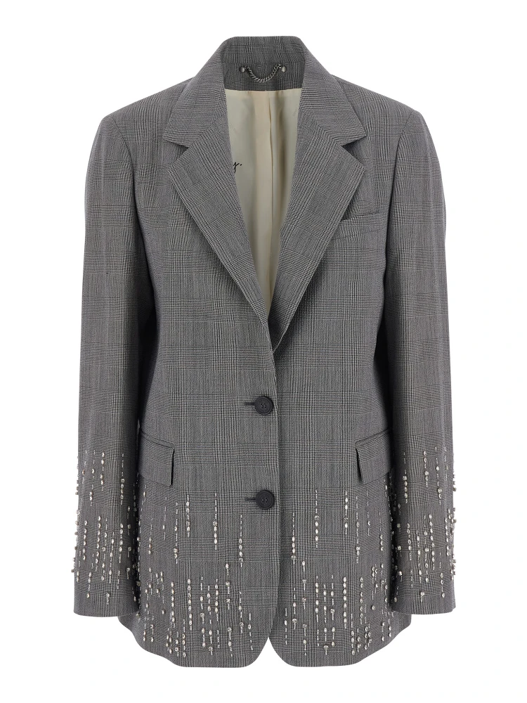 Grey Single-breasted jacket with notched revers and check motif all-over in virgin wool for women