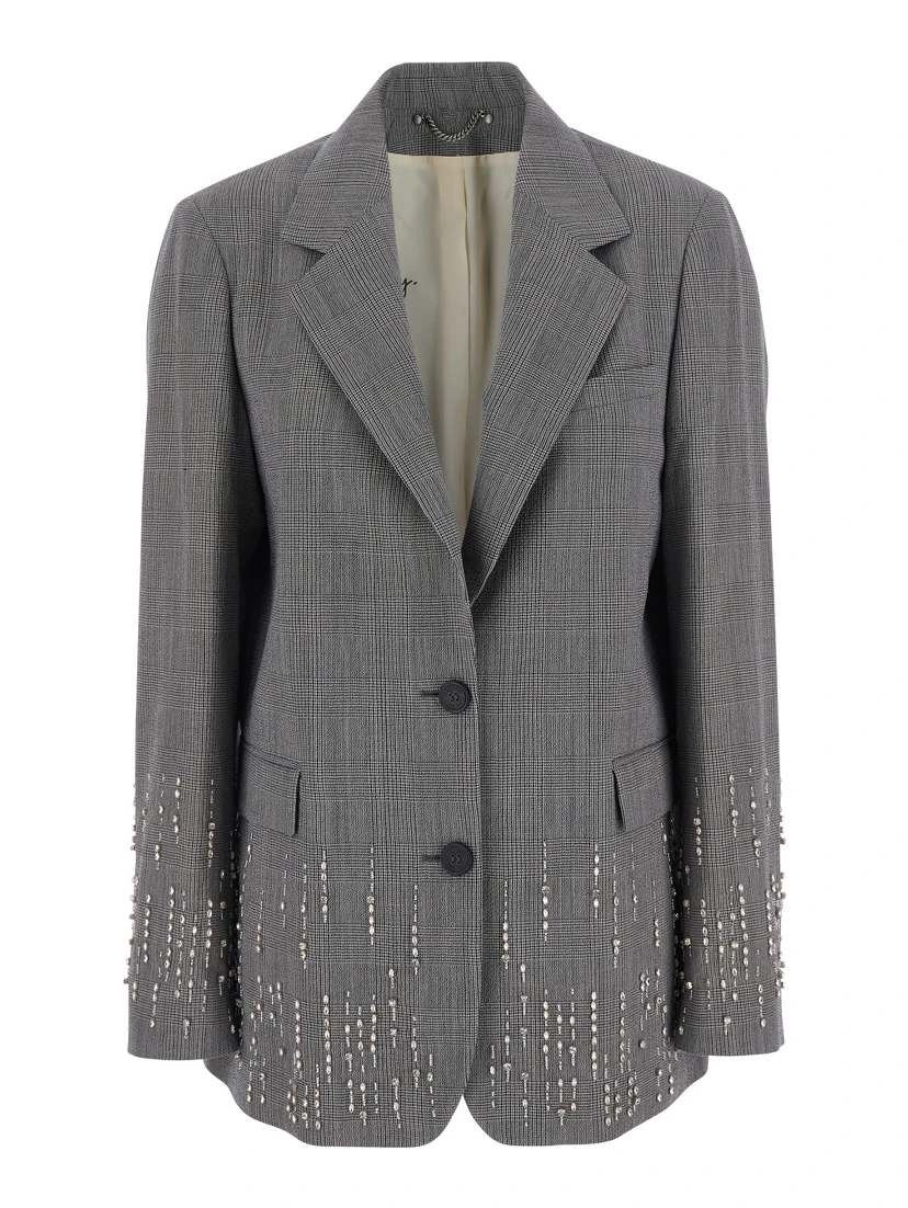 Grey Single-breasted jacket with notched revers and check motif all-over in virgin wool for women