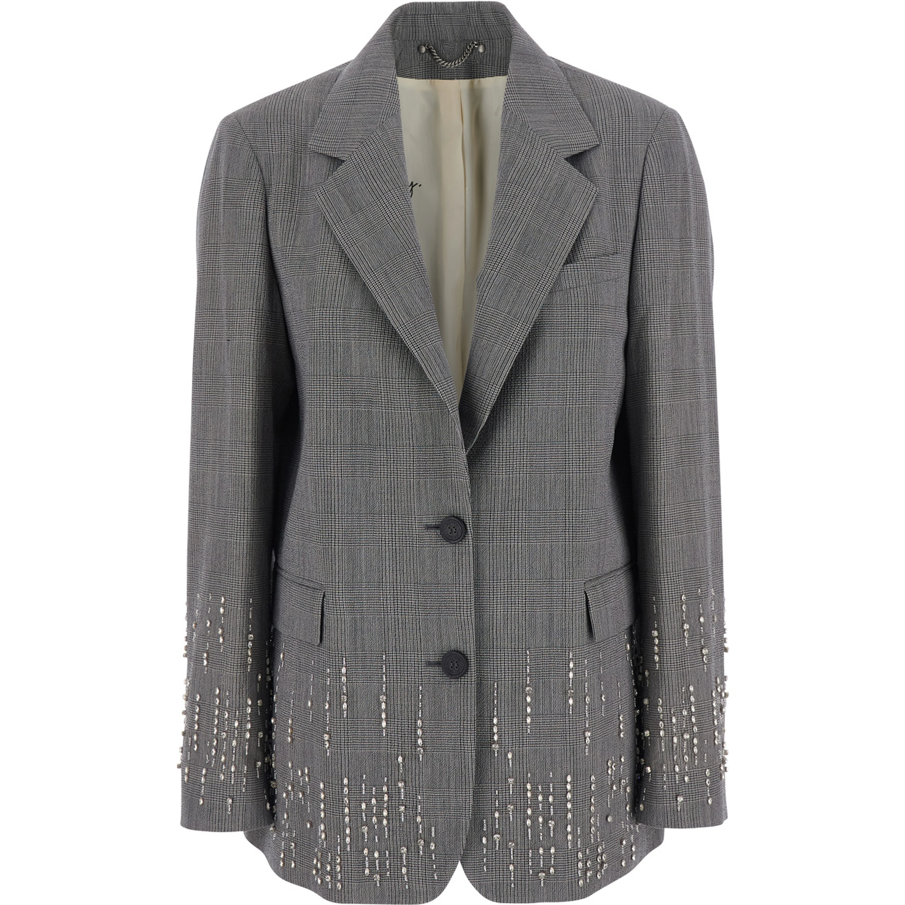 Grey Single-breasted jacket with notched revers and check motif all-over in virgin wool for women